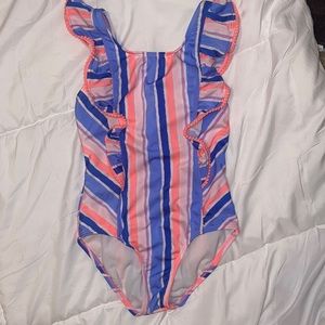 Girls one piece bathing suit - Size M (7/8) Coral blues and pink stripes
